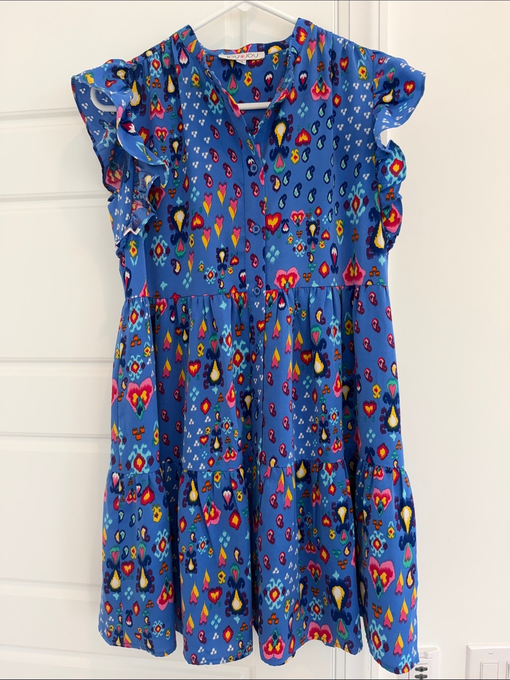 Joy Joy Bright Blue Heart & Ikat Print Ruffle Sleeve Mini Dress